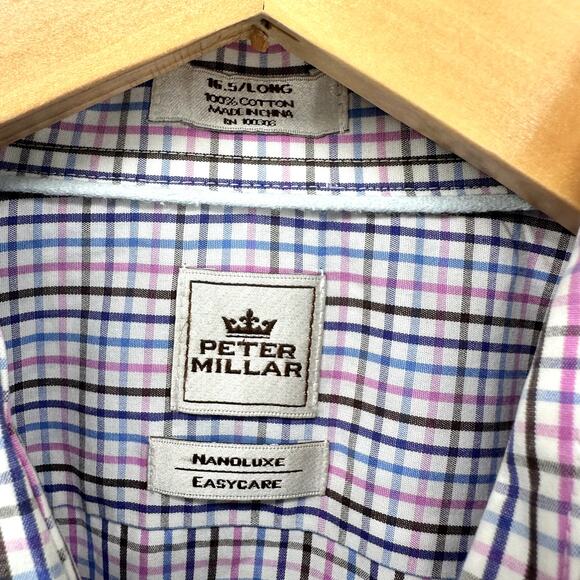 Peter Millar Shirt Mens 16.5 Button Up Long Nanoluxe Plaid Blue Pink White - Picture 2 of 8